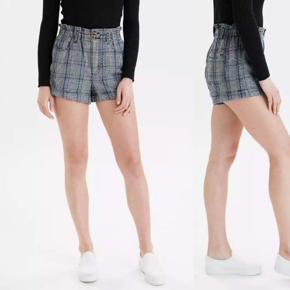 American Eagle Plaid Mom Short Gray High Rise Paperbag Waist Relaxed Academia 10